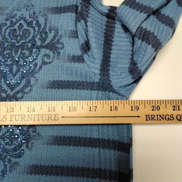 One World Tunic Top Knit Blue Rhinestone Sparkle Sz XS Boho Sparkle Cottagecore - Picture 8 of 10